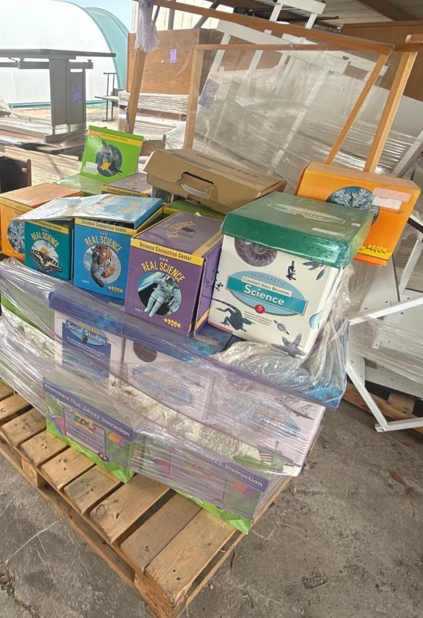 (2) Pallets w/ Group of Student Combo Desk, Rolling Desk Chairs, Cubicle Desk, Bookcase, etc.
