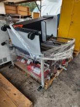 (1) Mobile Computer Desk, Group of Fire Extinguishers, Racks on Pallet