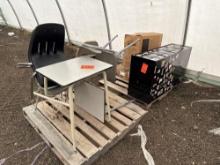 (1) Filing Cabinet, Student Desk, Box of U.S History EOC Workbooks, Box of Misc. Items on Pallet