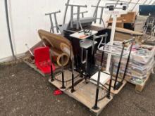 (3) Student Desk, (1) Student Chair, (1) Wooden Desk, (1) Rolling Lecture Podium Cart w/ Power Strip