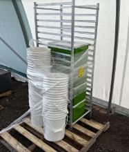 Pallet w/Green Ice Chests, Round Buckets, (1) Roll A Round Sheet Pan Baking Rack