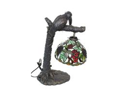 Composition Bird Lamp w/Leaded Stained Glass Shade