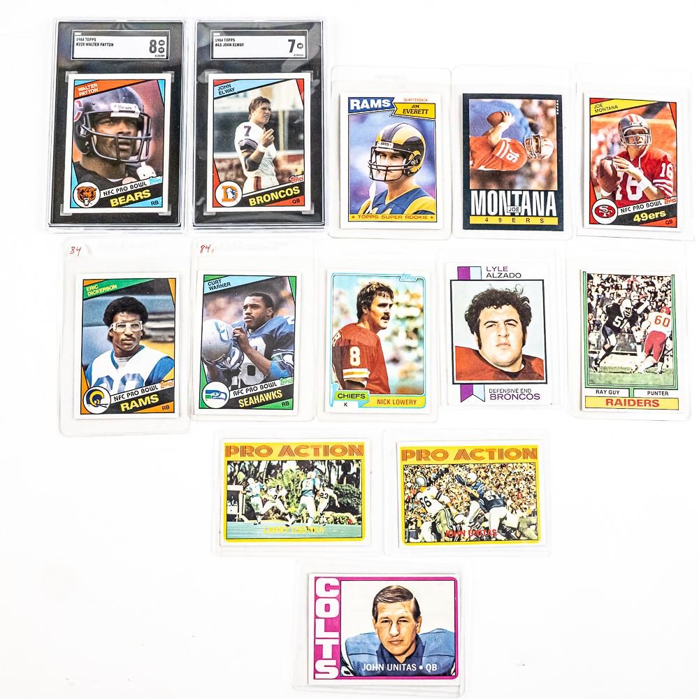 84 Topps Elway SGC 7 84 Topps Payton SGC 8 Warner+