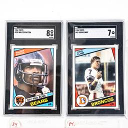 84 Topps Elway SGC 7 84 Topps Payton SGC 8 Warner+