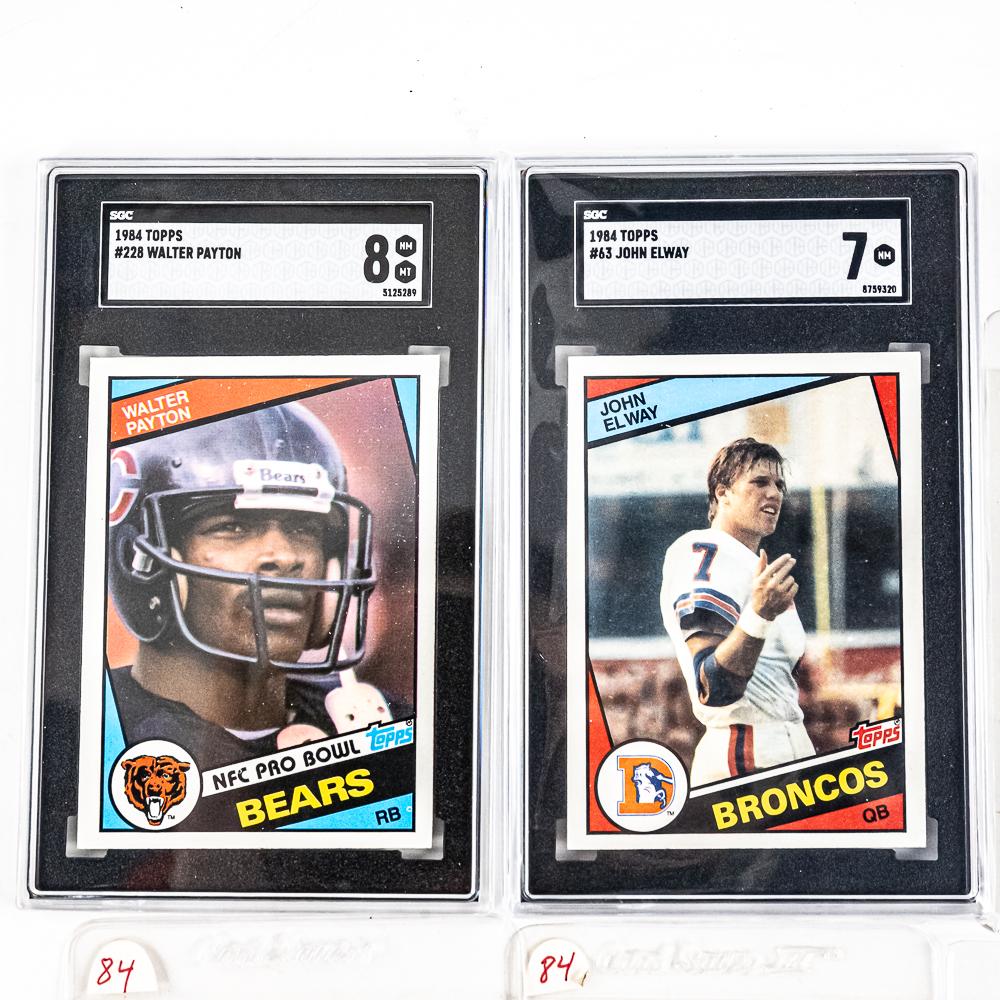 84 Topps Elway SGC 7 84 Topps Payton SGC 8 Warner+