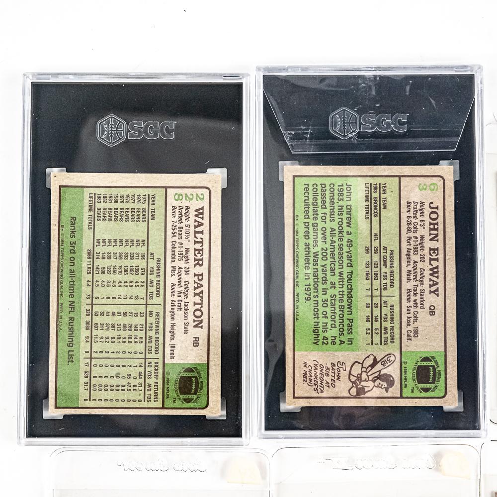 84 Topps Elway SGC 7 84 Topps Payton SGC 8 Warner+