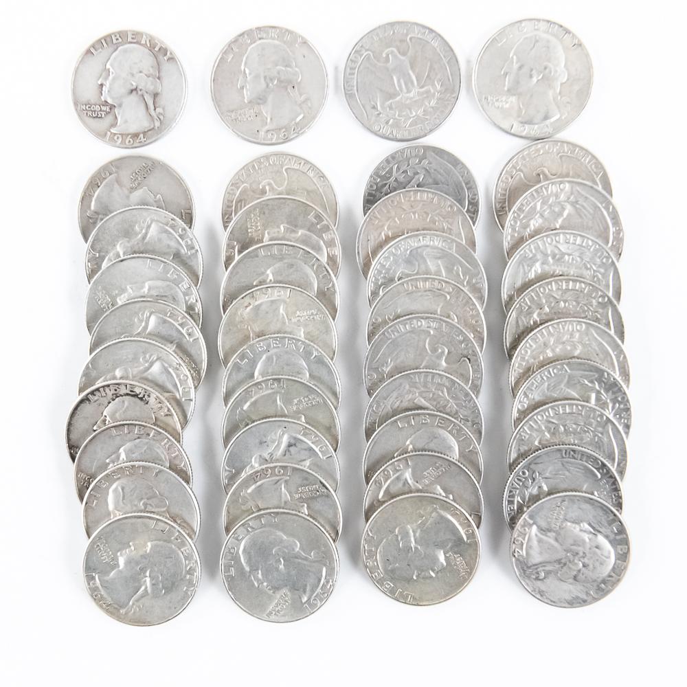 (40) 1964 Washington 90% Silver Quarters 25C