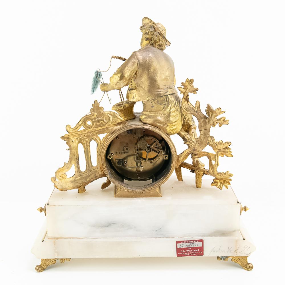 J Marti Medaille Gilt Boy Fishing Mantle Clock