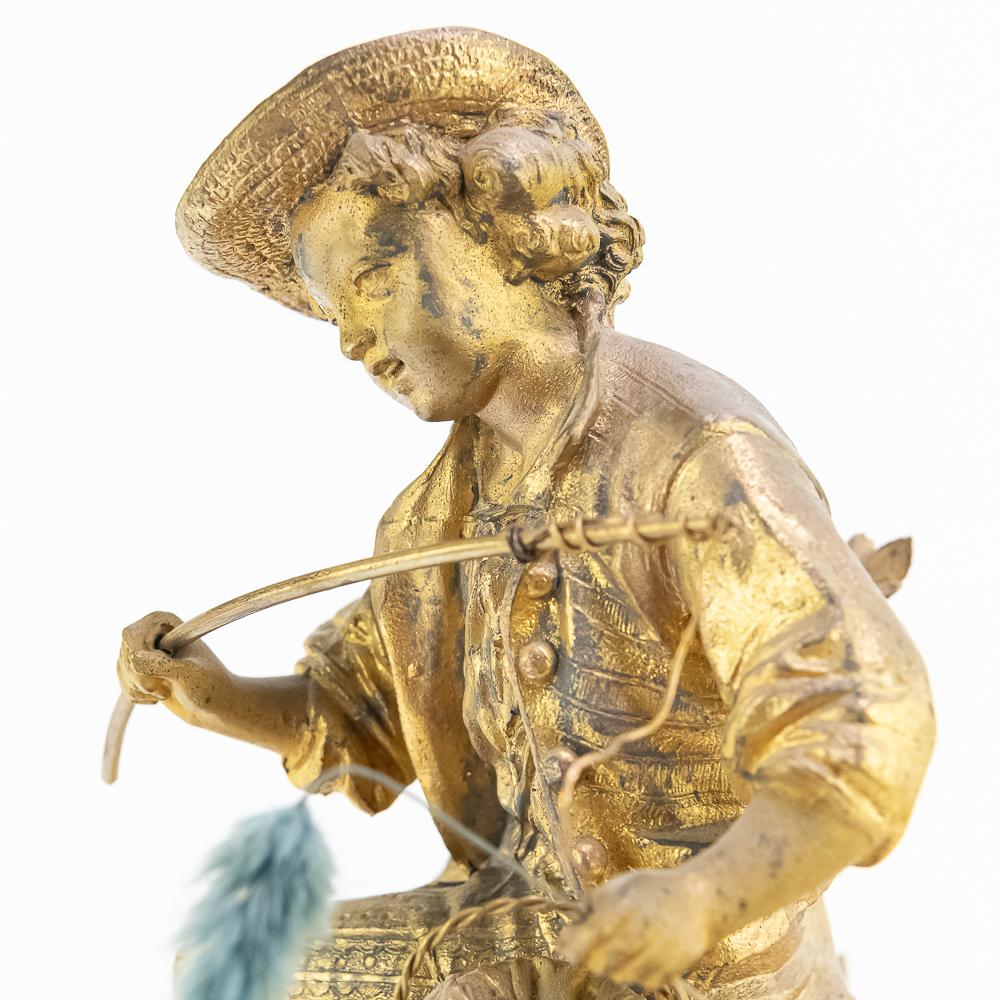 J Marti Medaille Gilt Boy Fishing Mantle Clock