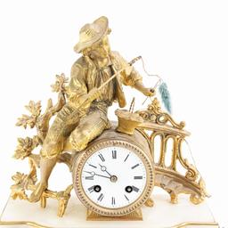 J Marti Medaille Gilt Boy Fishing Mantle Clock