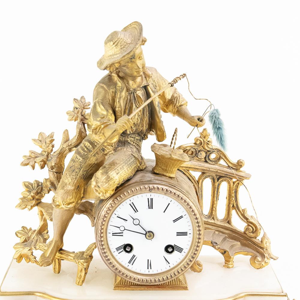 J Marti Medaille Gilt Boy Fishing Mantle Clock