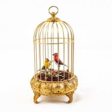 Double Singing Birds in Jeweled Gold Gilt Cage