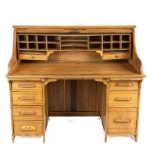 54" Oak Roll Top Desk S Curve Top W/Key