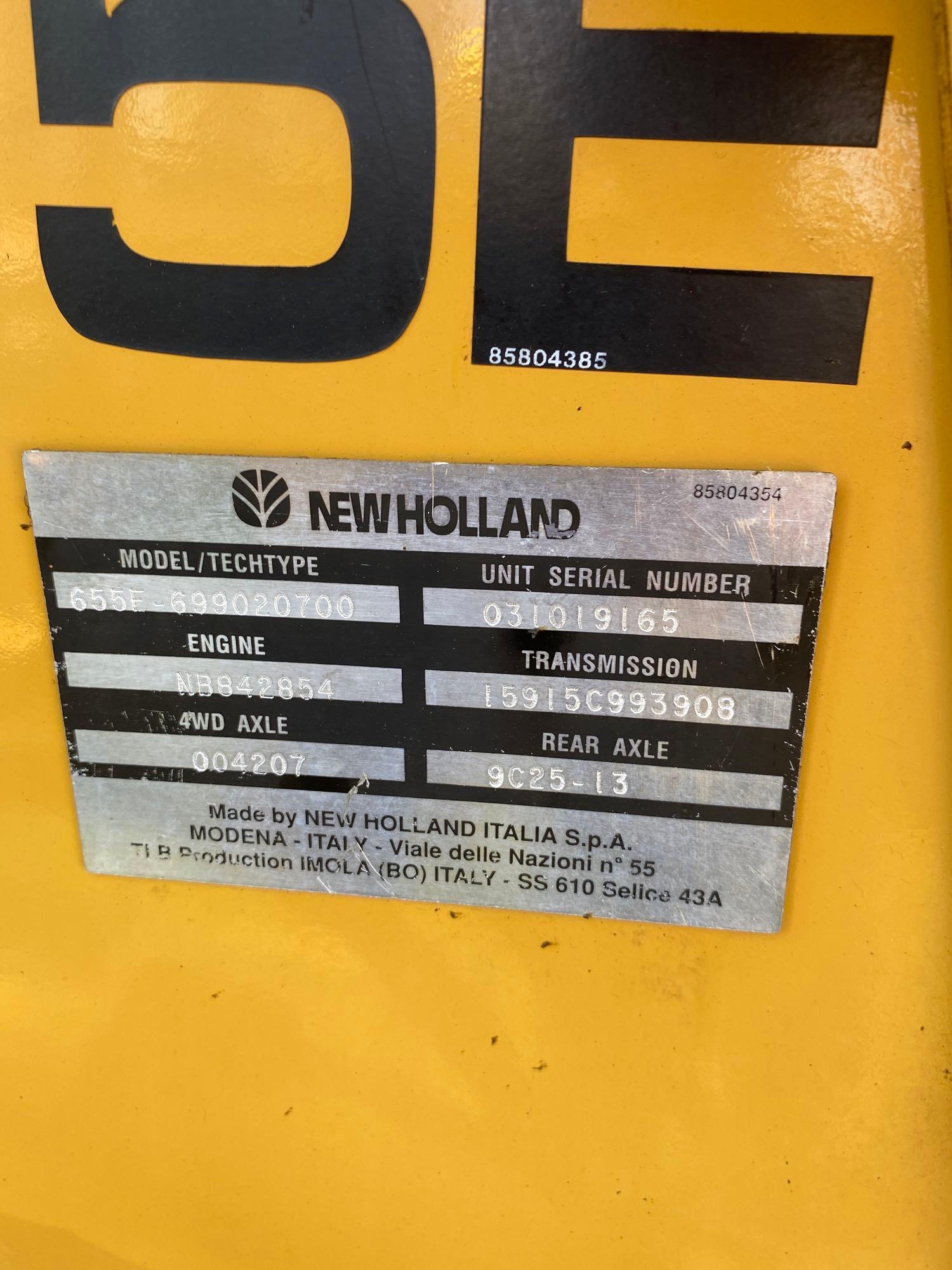 New Holland 655E, Cab, Heat, 4x4, Ext hoe, Aux Hyd, 4-n-1 Bucket, SN: 019165, Hours: 3663
