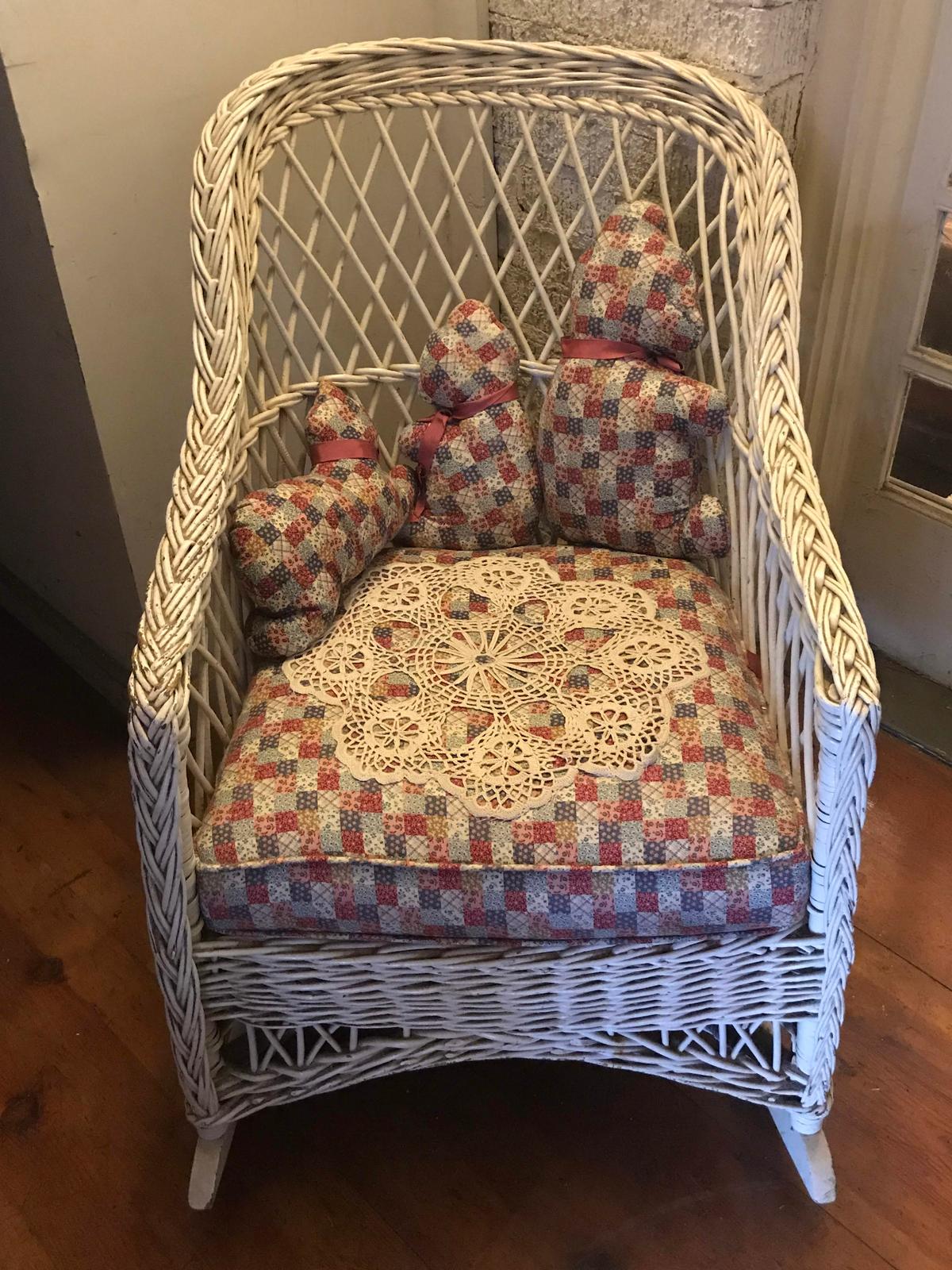 Vintage Wicker Rocking Chair with Patchwork Upholstered Seat & Matching Animals