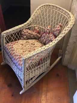 Vintage Wicker Rocking Chair with Patchwork Upholstered Seat & Matching Animals