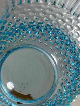 Large Blue Glass Hobnail Basket with Ruffled Edge
