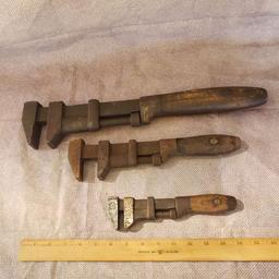 Lot of 3 Antique Wood Handle Square Jaw Monkey Wrenches - Graduated Sizes