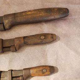 Lot of 3 Antique Wood Handle Square Jaw Monkey Wrenches - Graduated Sizes