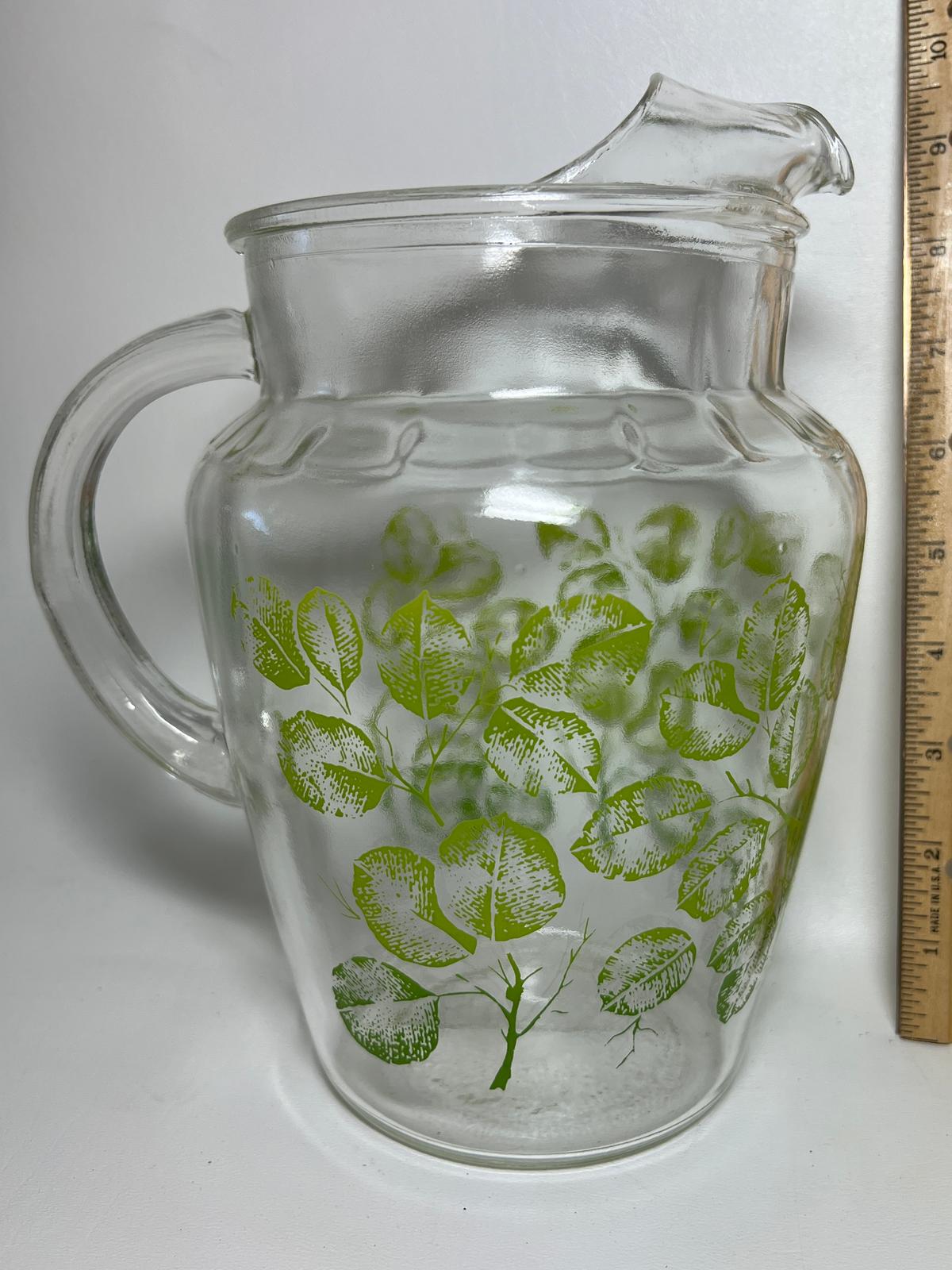 Vintage Glass Pitcher with Green Leaves & Branches