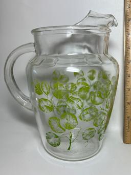 Vintage Glass Pitcher with Green Leaves & Branches