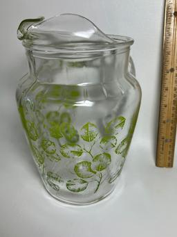 Vintage Glass Pitcher with Green Leaves & Branches