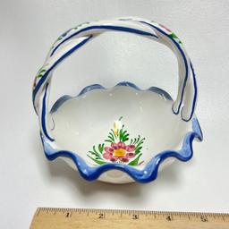 Hand Painted Decorative Ceramic Basket Made in Portugal Signed on Base