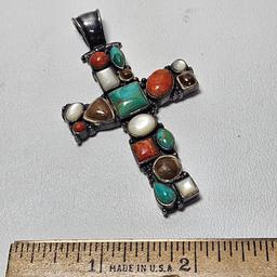 Vintage Native American Style Heavy Sterling Silver Multi Stone Cross Pendant