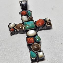 Vintage Native American Style Heavy Sterling Silver Multi Stone Cross Pendant
