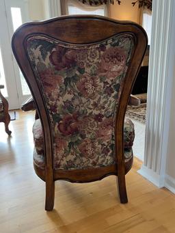 Beautiful Carved Wood Arm Chair with Floral Upholstery