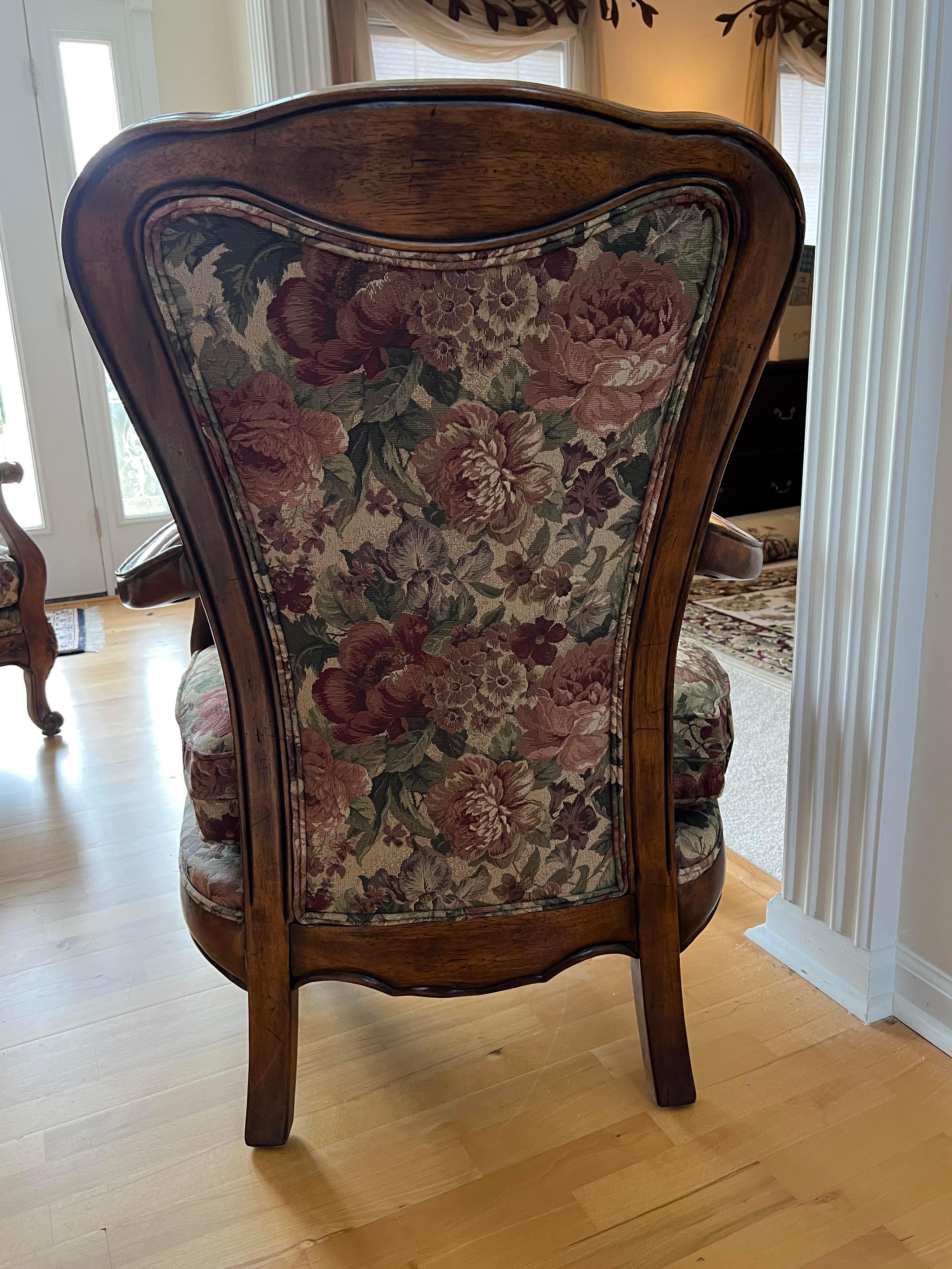 Beautiful Carved Wood Arm Chair with Floral Upholstery