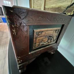 Ornately Carved Wooden Box with Oriental Scene