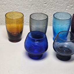 Lot of Vintage Etched Shot Glasses, Multi Colors