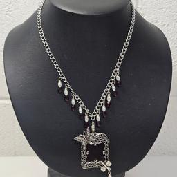 Handmade Silver Tone Necklace with Red Beads, Butterfly and Dragonfly