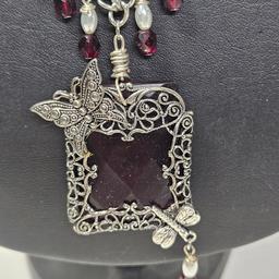 Handmade Silver Tone Necklace with Red Beads, Butterfly and Dragonfly