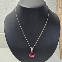 Sterling Silver Necklace with Large Pink Stone Pendant