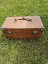 NO RESERVE - Wooden Fishing Tackle Box With Fishing Gear