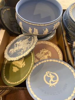 2 flats of wedgewood collectible plates , bowls