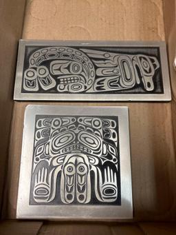 2 Plaques West Coast Indian Designs Thunderbird and Whale