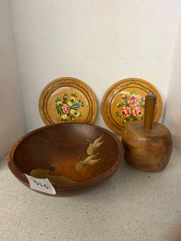 Mixed lot of old wood primitive decorators nut bowl large wood bowl pair of wood wall plates and