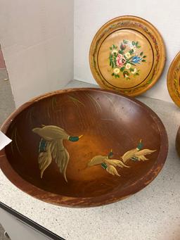 Mixed lot of old wood primitive decorators nut bowl large wood bowl pair of wood wall plates and