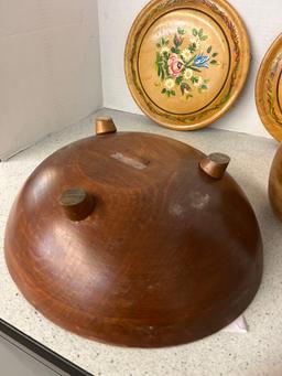 Mixed lot of old wood primitive decorators nut bowl large wood bowl pair of wood wall plates and