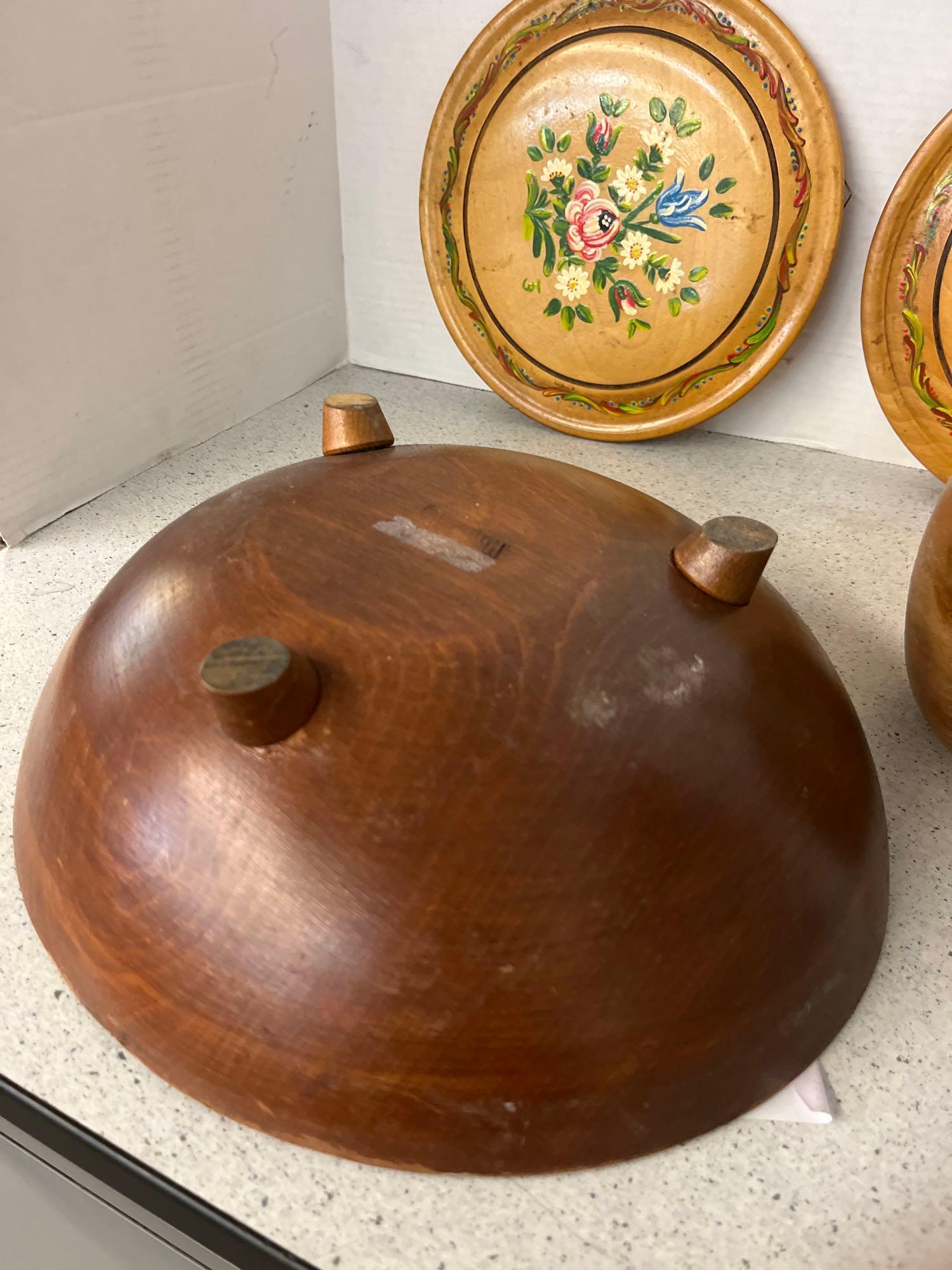 Mixed lot of old wood primitive decorators nut bowl large wood bowl pair of wood wall plates and