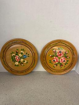 Mixed lot of old wood primitive decorators nut bowl large wood bowl pair of wood wall plates and