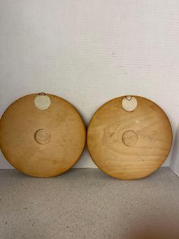 Mixed lot of old wood primitive decorators nut bowl large wood bowl pair of wood wall plates and