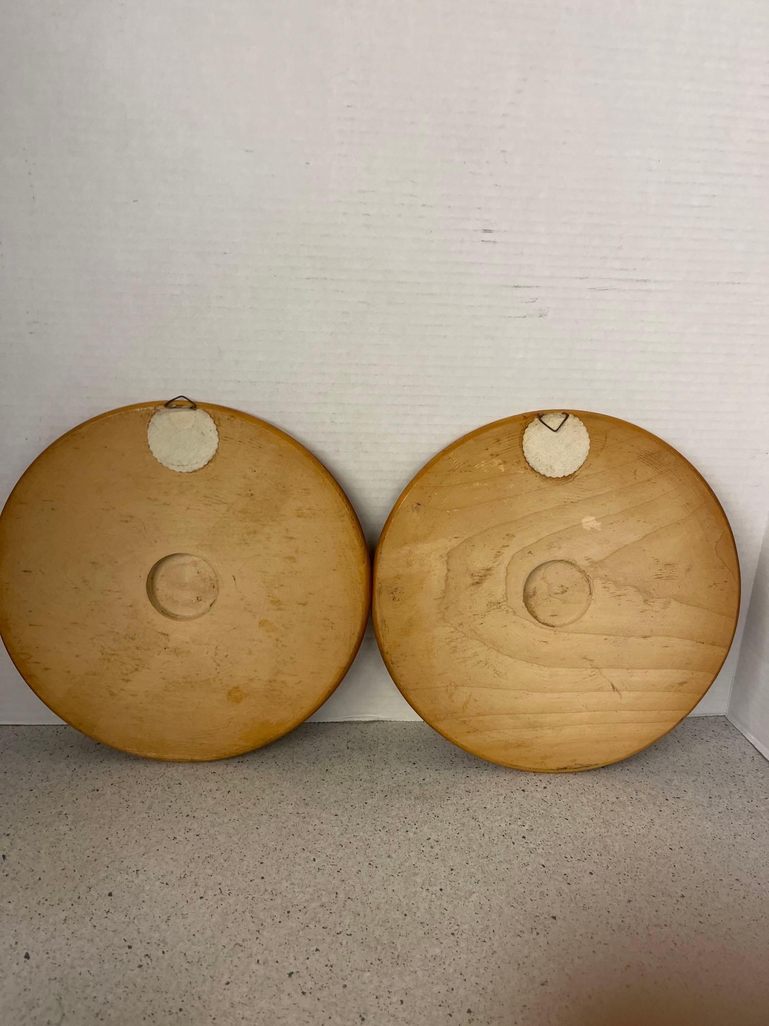 Mixed lot of old wood primitive decorators nut bowl large wood bowl pair of wood wall plates and