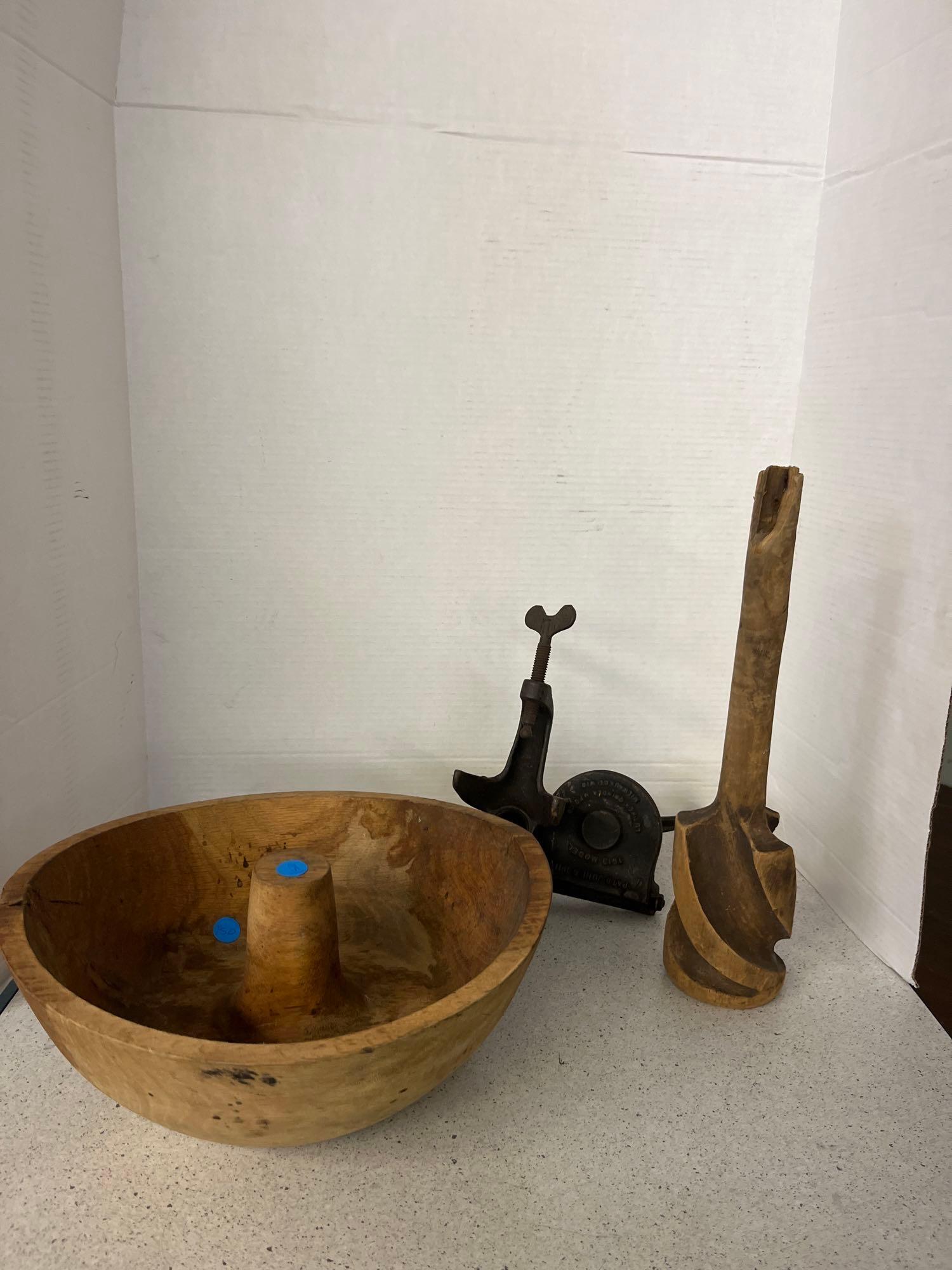 Mixed lot of old wood primitive decorators nut bowl large wood bowl pair of wood wall plates and