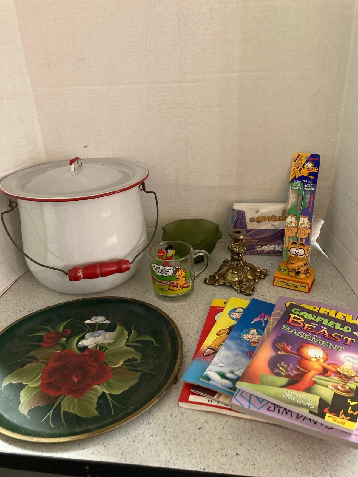 Mixed lot enamelware pot painted metal tray Garfield mug books envelopes toothbrushes