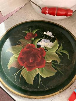 Mixed lot enamelware pot painted metal tray Garfield mug books envelopes toothbrushes
