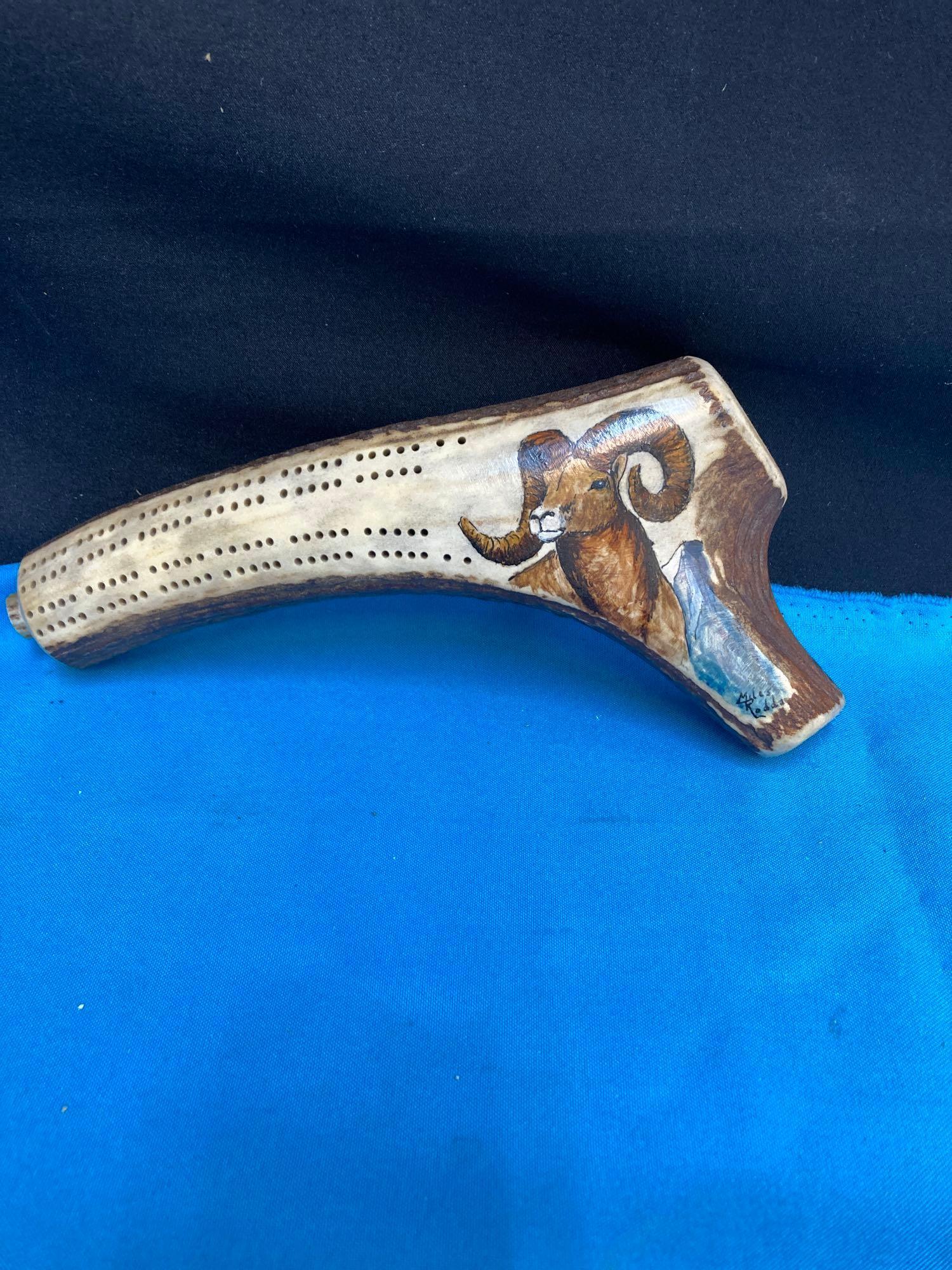 Miles Rodda Scrimshaw Elk Cribbage Board